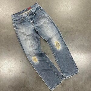 Beautifully Distressed & faded Blue denim jeans with a nice straight leg fit